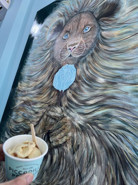 Piccadilly Parlour店内の猫の壁画とアイスクリームカップ