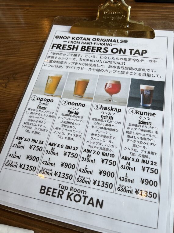 Tap Room BEER KOTANのタップメニュー上半分(①upopo Pilsner ②nonno Pale Ale ③haskap Fruit Ale ④Kunne Schwarz)