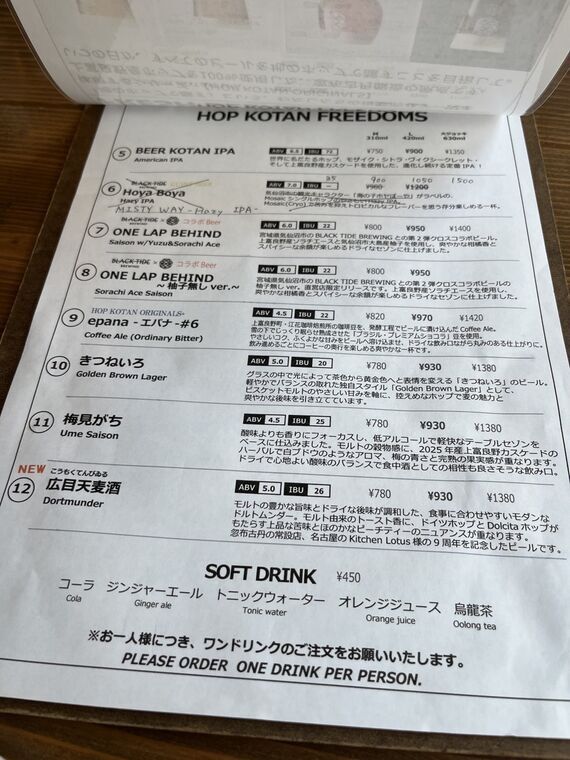Tap Room BEER KOTANのタップメニュー下半分(⑤BEER KOTAN IPA ⑥⑦⑧Black Tideコラボ ⑪梅見がちUme Saison)