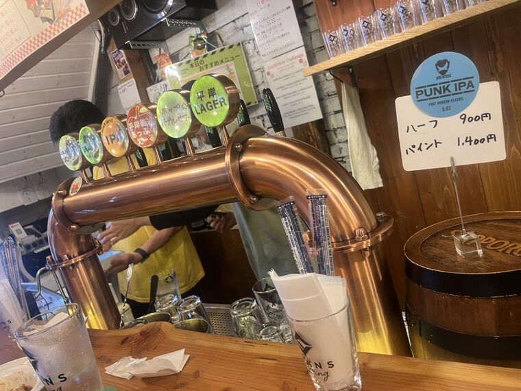TRANS BREWING店内の銅製タップシステム8タップとBrewDog PUNK IPA ABV5.6% ハーフ&yen;900/パイント&yen;1,400の価格表