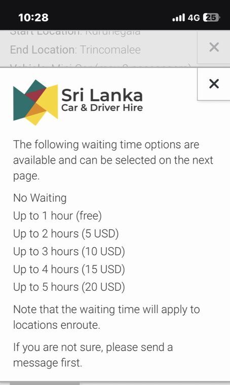 待機時間オプションの一覧 (1時間まで無料〜5時間で20 USD)