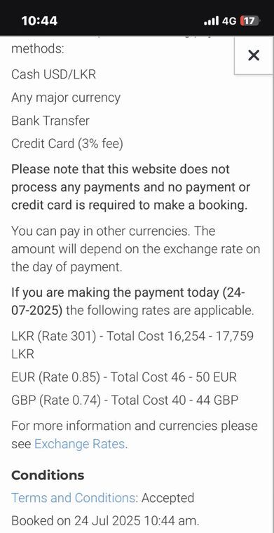 支払方法と当日のLKR/EUR/GBP換算 (LKRで16,254-17,759)