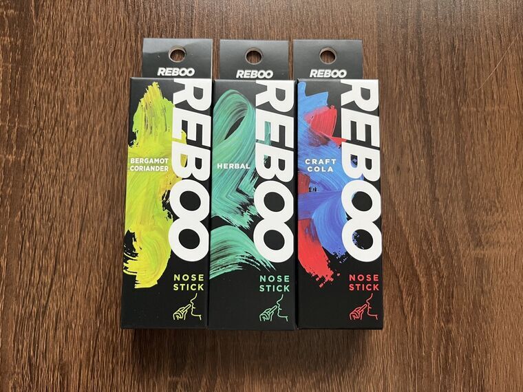 REBOO ノーズスティック3種の箱正面（ベルガモットコリアンダー・ハーバル・クラフトコーラ）