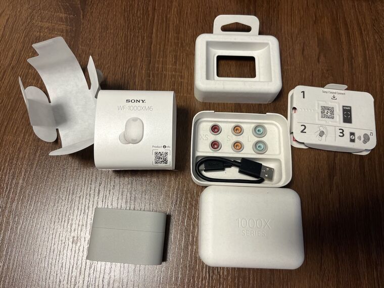 WF-1000XM6 全同梱物 (イヤーピース XS/S/L 3サイズ+M装着済・USB Type-Cケーブル・充電ケース・案内カード)