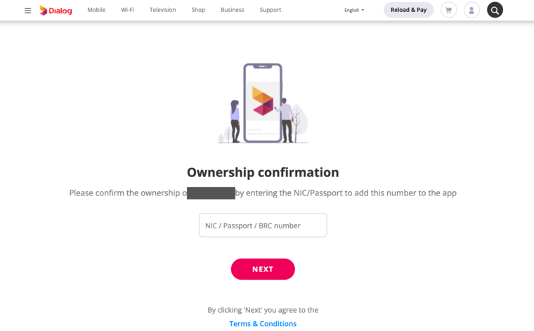 DialogのOwnership confirmation画面。番号の所有確認のためNIC/Passport/BRC numberの入力を求められる
