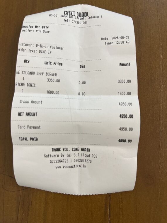 Kafenio Colomboのレシート。THE COLOMBO BEEF BURGER 3350.00、MATCHA TONIC 1600.00、Gross Amount 4950.00、NET AMOUNT 4950.00、TOTAL PAID 4950.00の記載