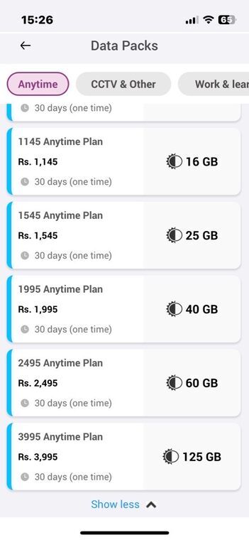 MyDialogアプリのData Packs画面。Anytimeタブに1145 Anytime Plan 16GB、1545 Anytime Plan 25GB、1995 Anytime Plan 40GB、2495 Anytime Plan 60GB、3995 Anytime Plan 125GBが並んでいる