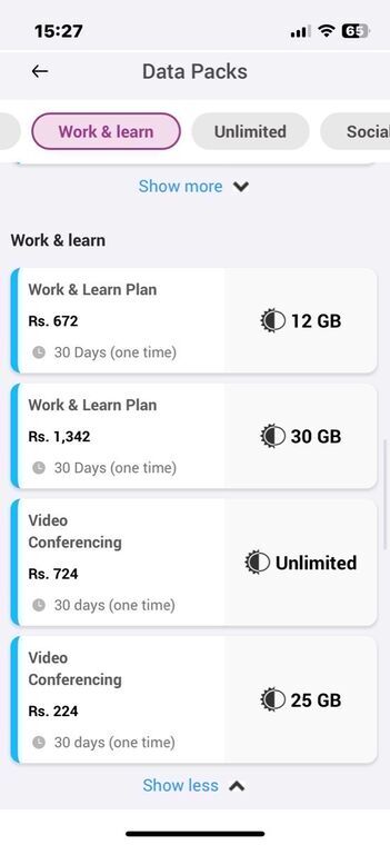 MyDialogアプリのData Packs画面。Work &amp; learnタブにWork &amp; Learn Plan 12GBと30GB、Video Conferencing 25GBと無制限が並んでいる