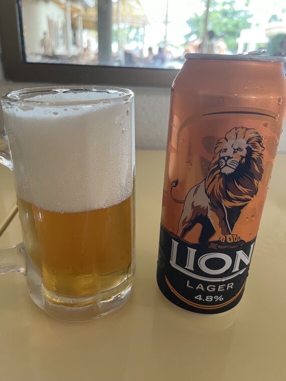 ジョッキに注がれた黄金色のビールと、LION LAGER 4.8%の缶。窓の外はプールサイド