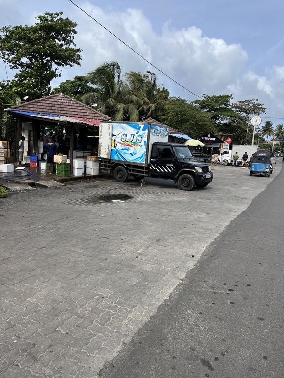 道路脇の魚売り場。S.J.S Seafood Suppliersのロゴが入ったトラックが停まり、奥にFISH POINTの看板。瓦屋根の小屋に発泡スチロールの箱が積まれている