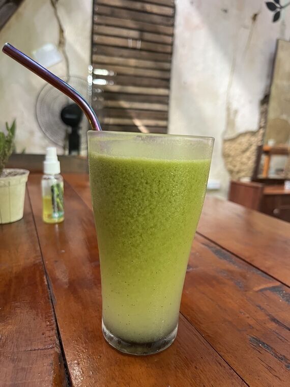 背の高いグラスに入った黄緑色のドリンク。ステンレスのストローが挿さっている。奥に扇風機と虫よけスプレーのボトル