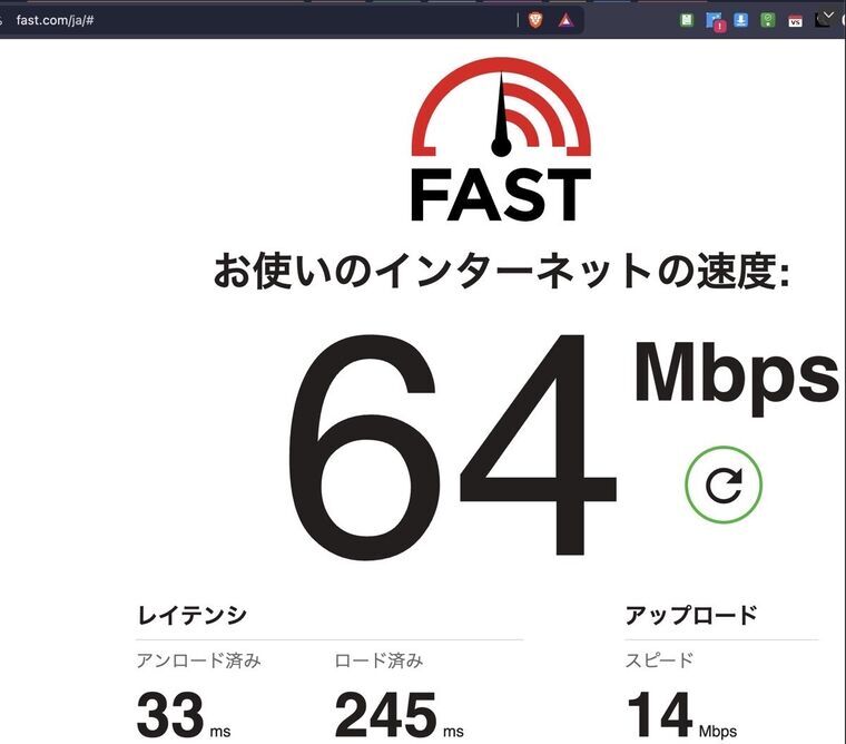 fast.comの計測結果。ダウンロード64Mbps、レイテンシは無負荷33ミリ秒とロード時245ミリ秒、アップロード14Mbps