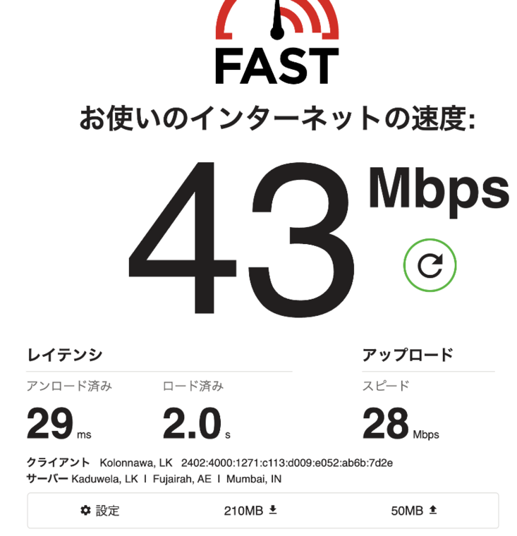 fast.comの計測結果。ダウンロード43Mbps、レイテンシは無負荷29ミリ秒とロード時2.0秒、アップロード28Mbps