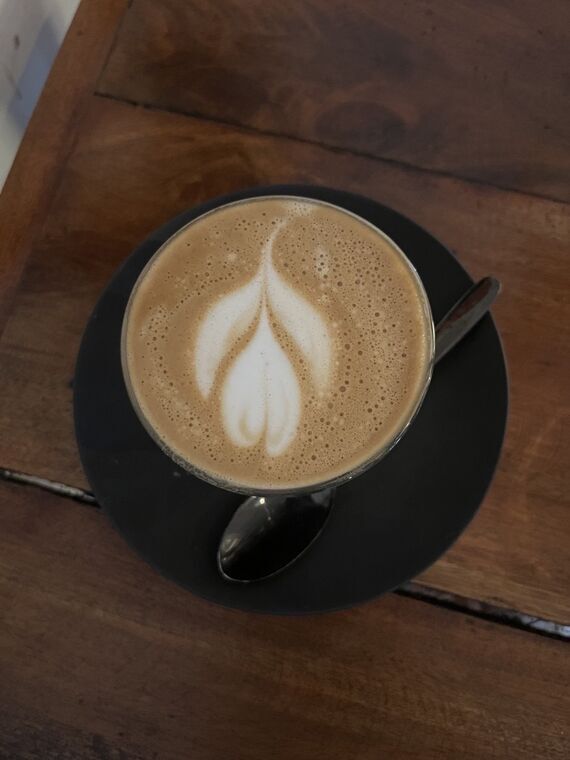 Black Cat Cafeのフラットホワイトを真上から。黒いソーサーにリーフ柄のラテアート