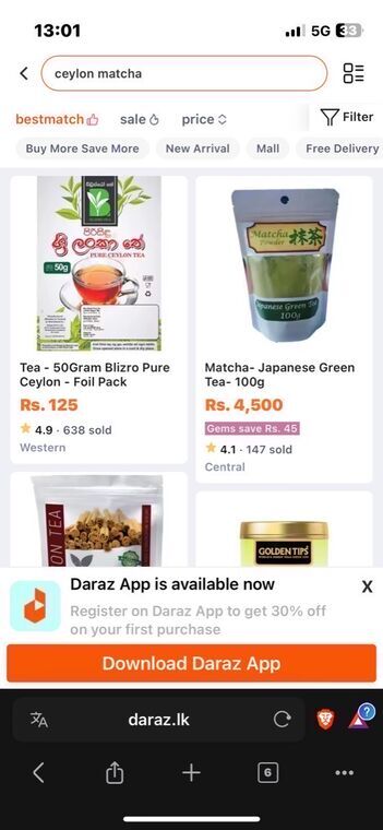 Darazでceylon matchaを検索した結果画面。Matcha- Japanese Green Tea- 100gがRs.4,500、Tea - 50Gram Blizro Pure CeylonがRs.125