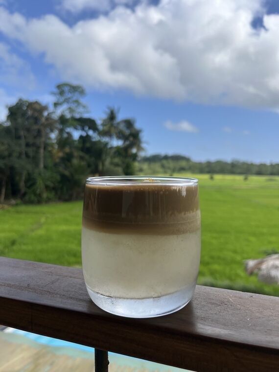 HALOのHojicha Candyと青空、田んぼ