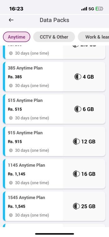 DialogアプリのData Packs一覧。385ルピー4GBから1,545ルピー25GBまで