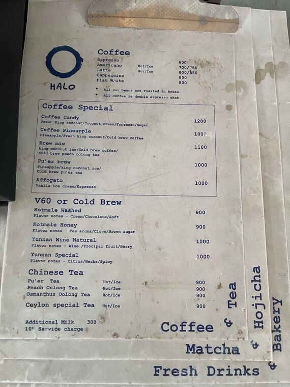 HALOのメニュー表のコーヒーとV60のページ