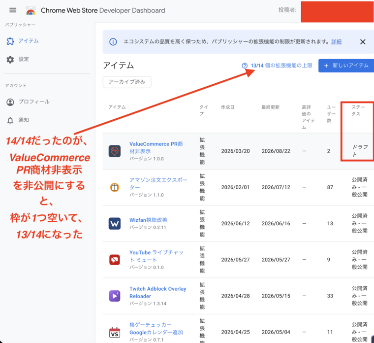 Chrome Web Store Developer Dashboardで13/14 個の拡張機能の上限と表示されたアイテム一覧