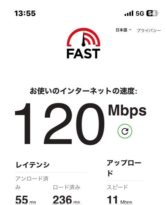 ル・ペシェ前でfast.com計測 5Gモバイルで120Mbps