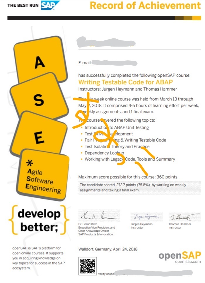 openSAP「Writing Testable Code for ABAP」の成績証明が発行されました - SAPのすみっこ