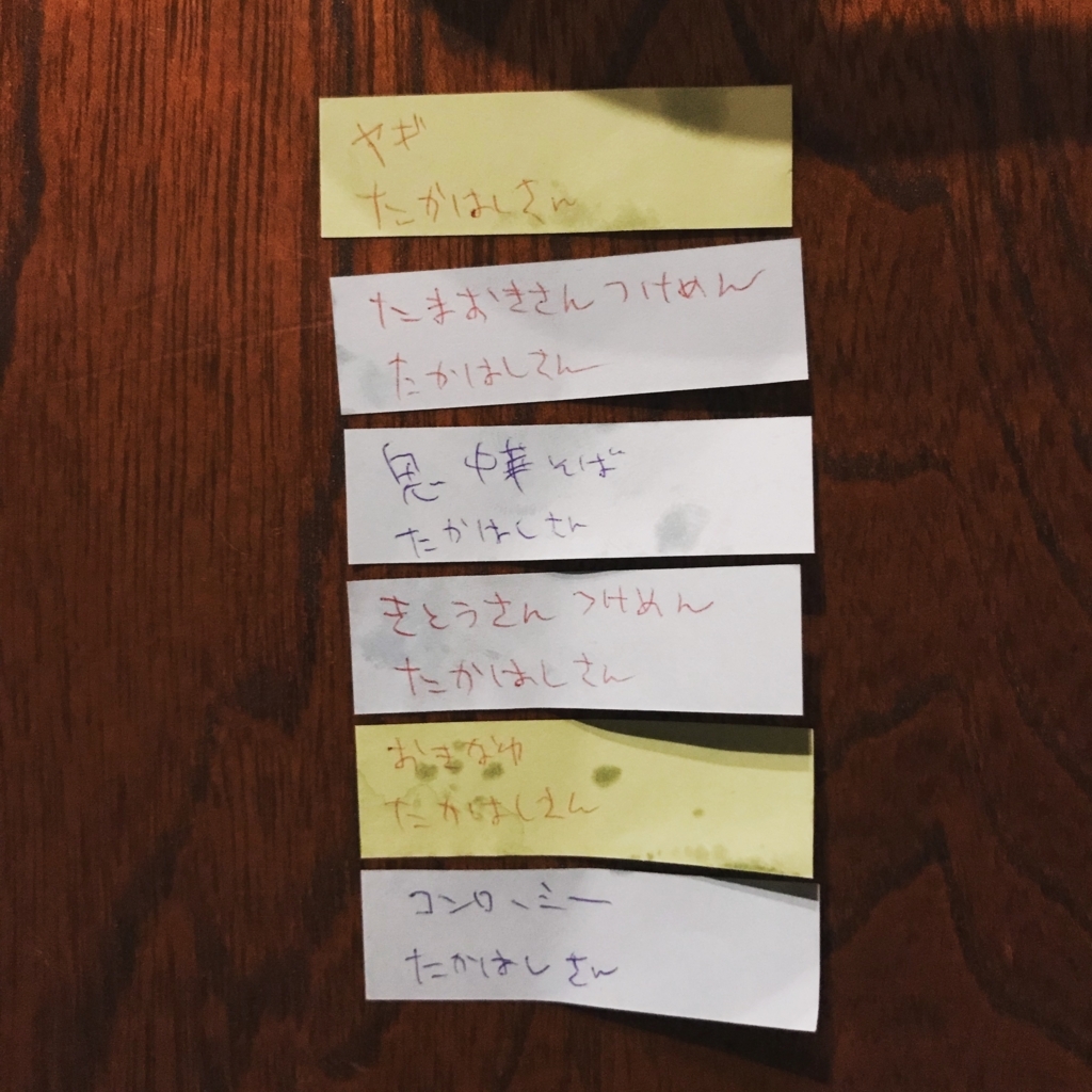 f:id:maiha2:20180129020524j:plain 食べたメニューが付箋に書かれており、それが机に貼ってある写真