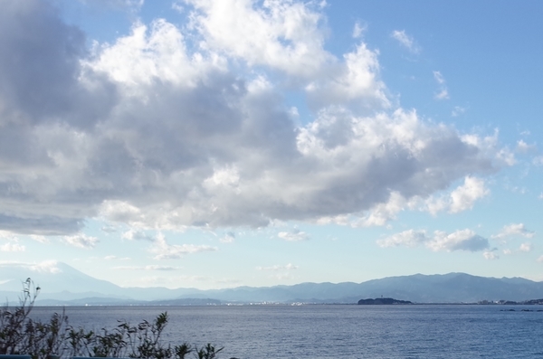 遠くに江ノ島が見える