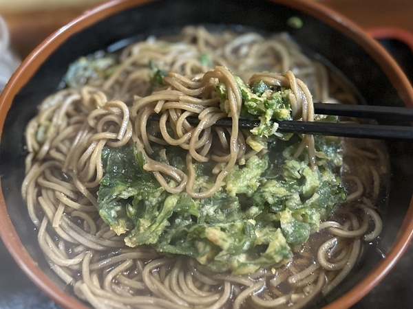 溶けた春菊天と一緒に蕎麦を手繰る