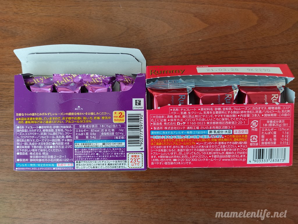 明治メルティーキッスラム&レーズンとロッテラミーを開封したところ