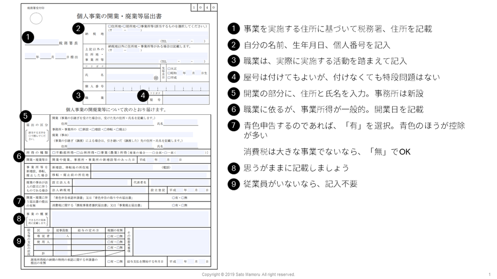 個人事業主登録についての記入要領