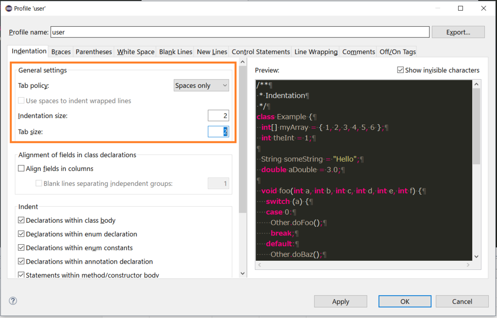 Eclipse インデントを空白に設定 Web開発など