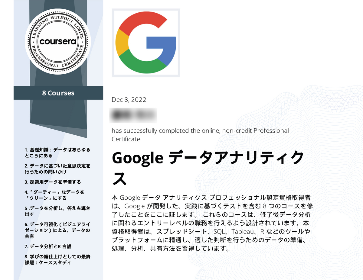 googleデータアナリティクスプロフェッショナル認定証
