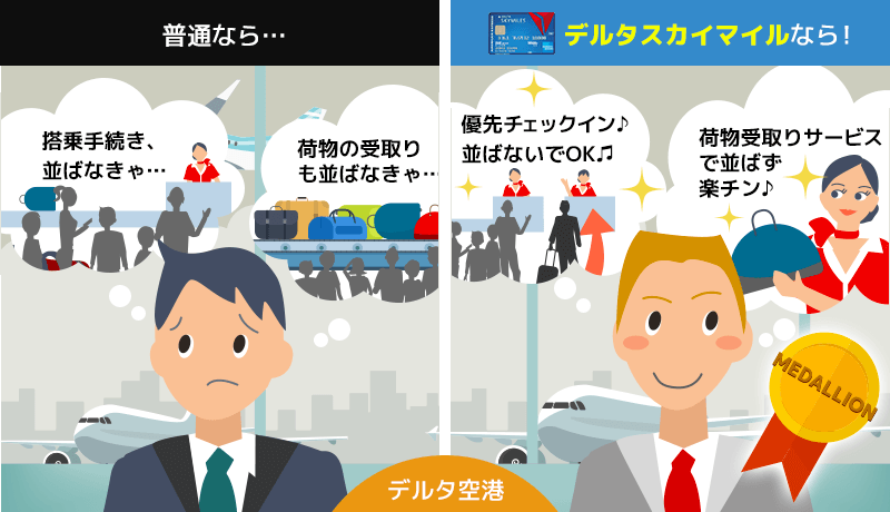 普通カードとデルタスカイマイルアメックスを比較したイラスト