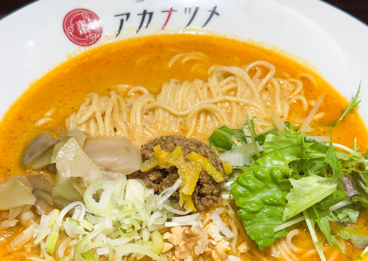 アカナツメ白担々麺の寄り写真 - 肉味噌と具材のアップ