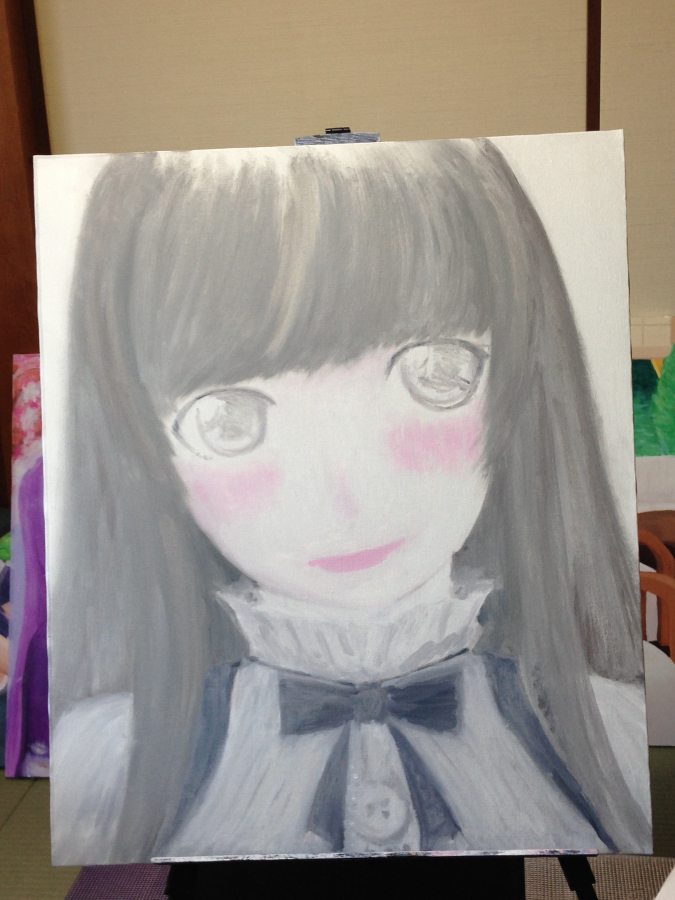髪の毛と目とリボンを濃く色をいれました 油絵描きますその3 Mariring