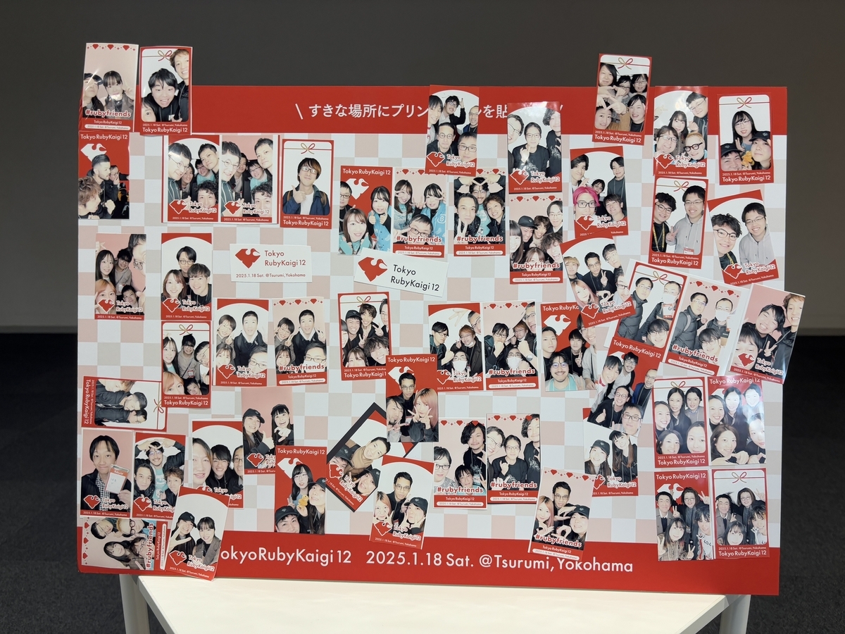 東京Ruby会議12の会場で撮影されたプリントシールが、市松模様のボード一面に貼られている