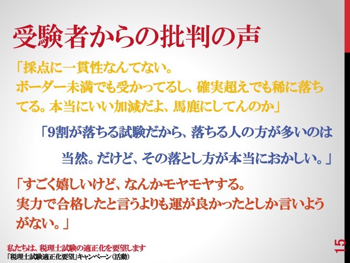 15 受験者からの批判の声 15 受験者からの批判の声
