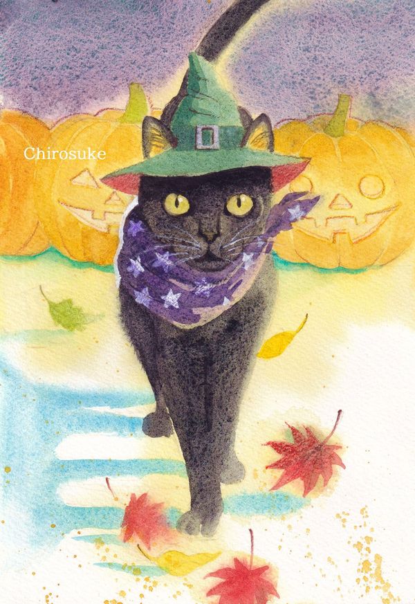 ハロウィンの黒猫780 額なし水彩画原画ドローイング
