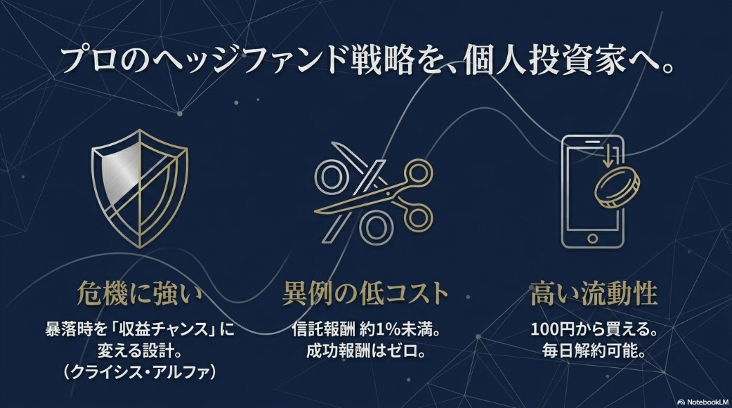 リキッド・トレンドの3つの特徴を示した図。左から「危機に強い（クライシス・アルファ）」「異例の低コスト（信託報酬約1%未満・成功報酬ゼロ）」「高い流動性（100円から・毎日解約可能）」