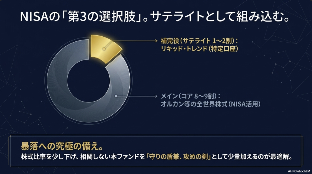 コア・サテライト戦略のドーナツグラフ。コア8〜9割はオルカン等の全世界株式（NISA活用）、サテライト1〜2割はリキッド・トレンド（特定口座）。守りの盾兼攻めの剣として少量加えるのが最適解と説明