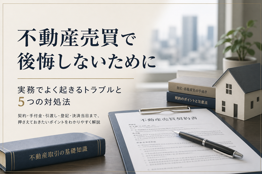 不動産売買で後悔しないために|実務でよく起きるトラブルと5つの対処法 落ち着いたデスクに契約書とペンが置かれた、不動産売買の注意点を解説するスライド表紙イメージ