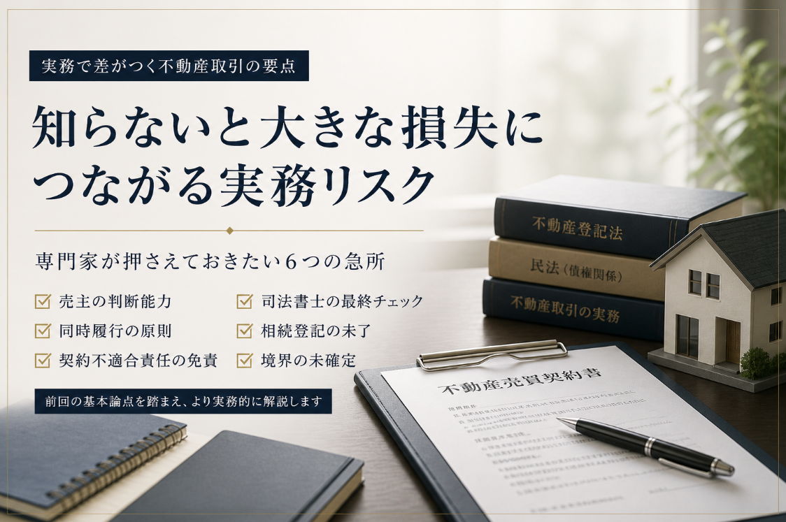 知らないと大きな損失につながる不動産売買の実務リスク|専門家が押さえる6つの急所 不動産売買の実務リスクを解説するスライド表紙(判断能力・同時履行・相続登記・境界問題など)