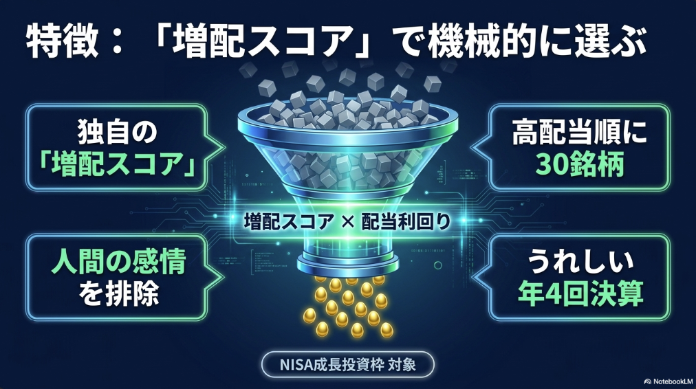 増配スコアと配当利回りをかけあわせて高配当順に30銘柄を選ぶ仕組みの図解