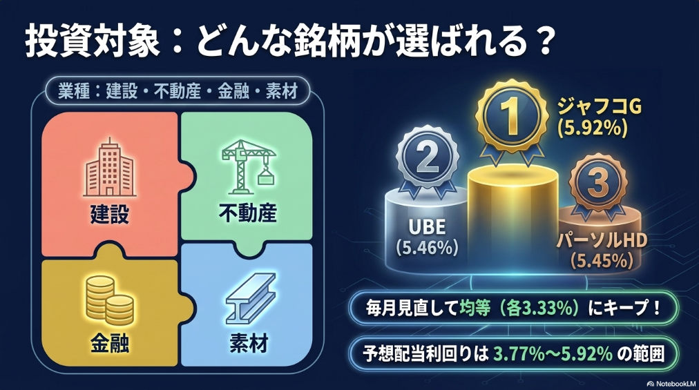 建設・不動産・金融・素材など投資対象業種と上位銘柄（ジャフコG、UBE、パーソルHD）の予想配当利回り