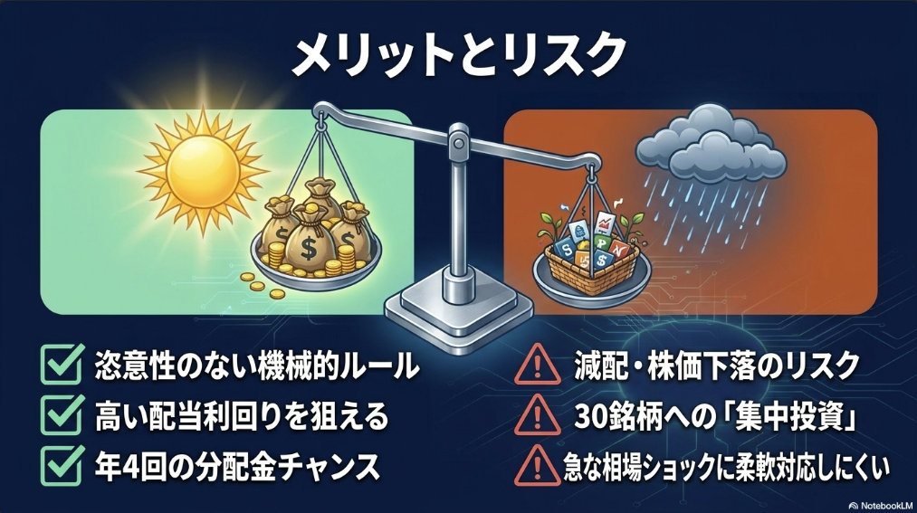 機械的ルール・高配当利回り・年4回分配金というメリットと、減配リスク・集中投資リスクを示した図解