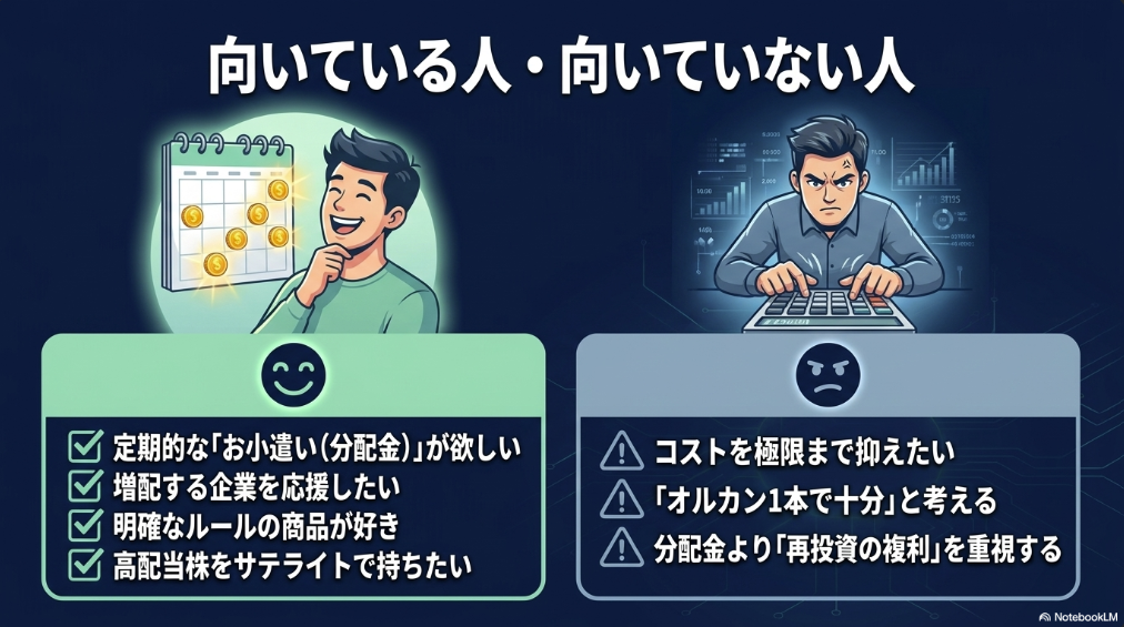 定期的な分配金や増配企業を応援したい人向け、コスト重視や再投資派には不向きという診断図