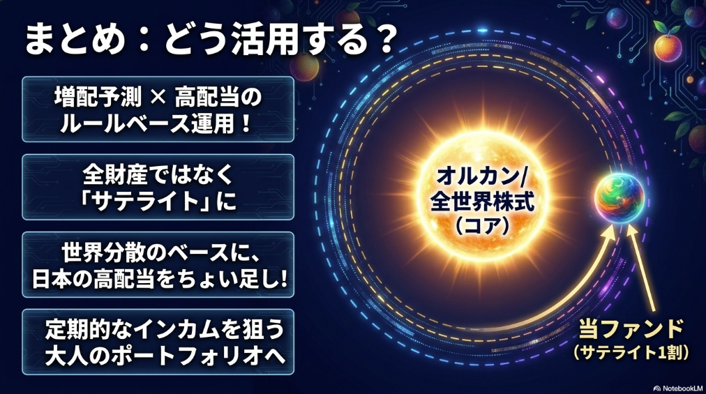 オルカン（全世界株式）をコアに、当ファンドをサテライト1割として組み合わせるポートフォリオ図