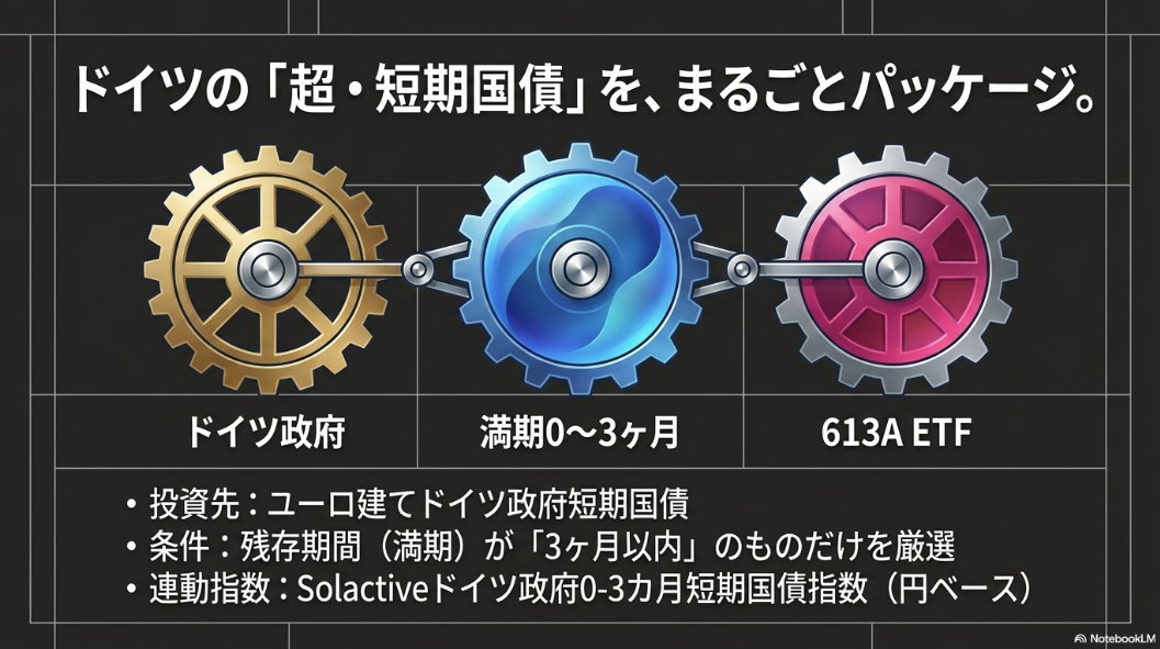 613Aが投資するドイツ政府短期国債の対象・条件・連動指数を示す図