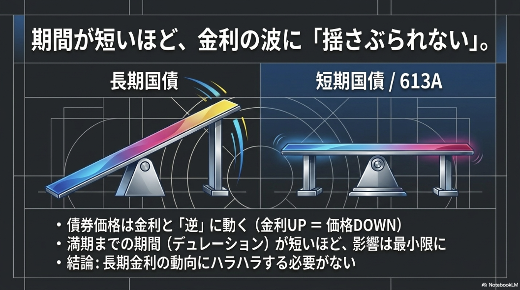 長期国債と短期国債で金利変動による価格変動の受けやすさを比較したシーソー図