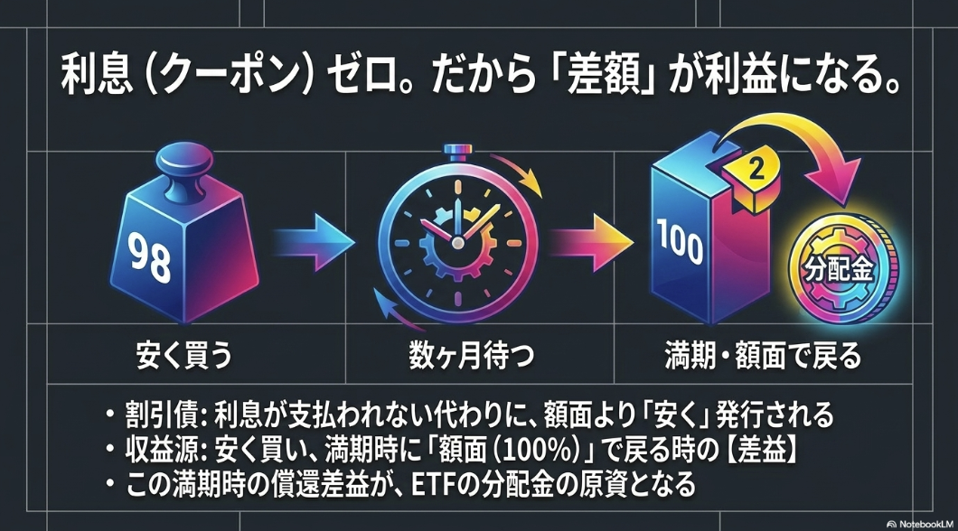 割引債を安く買い満期時に額面で償還されるまでの流れを示す図